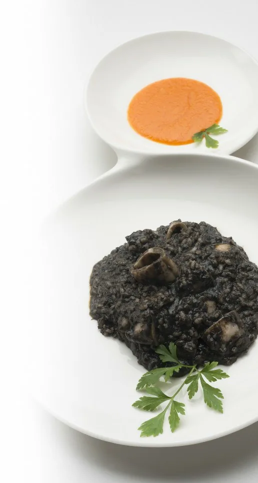 ARROZ CON CALAMARES Y PURÉ DE MORRONES