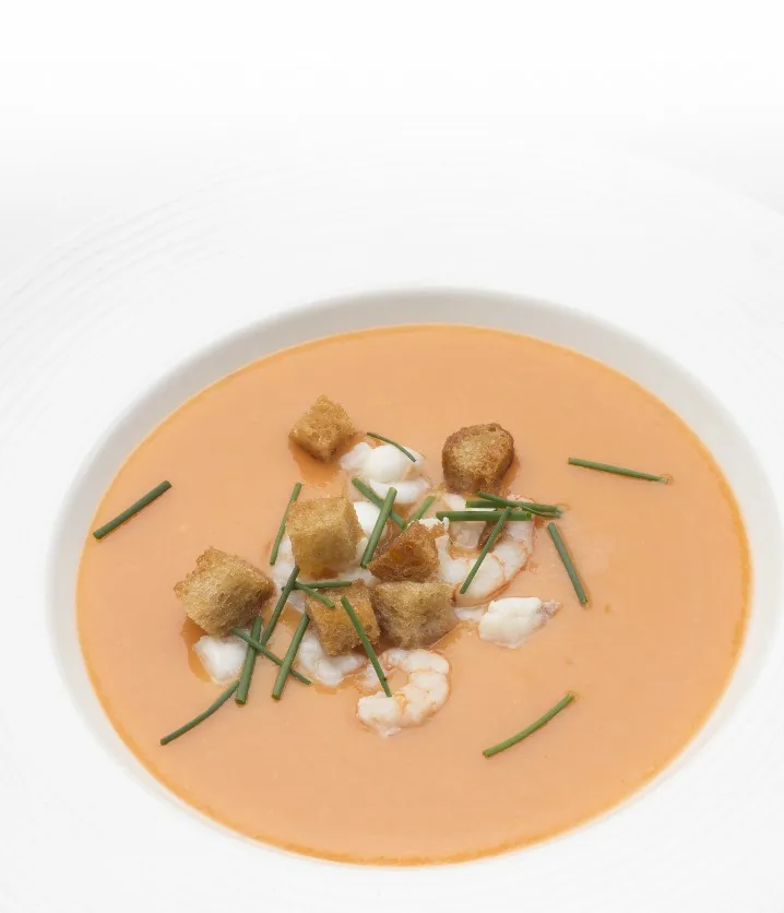 SALMOREJO DE MANGO CON RAPE Y GAMBAS