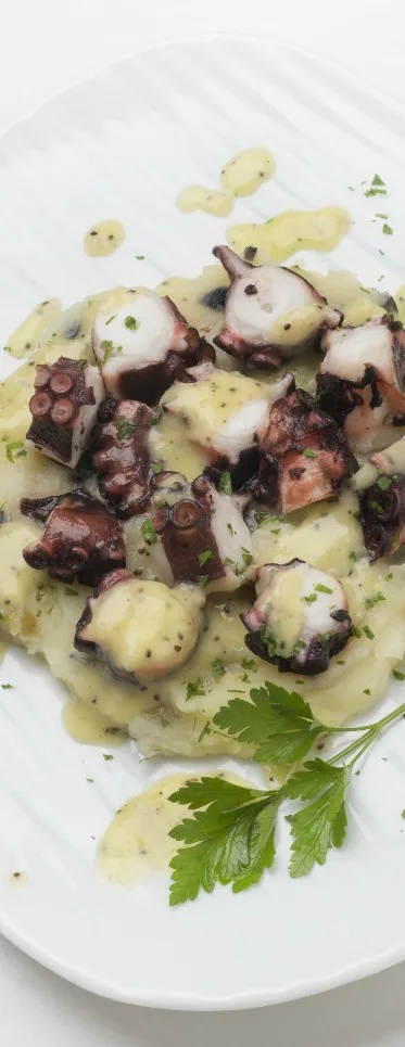 PULPO CON PURÉ DE PATATA Y VINAGRETA DE KIWI